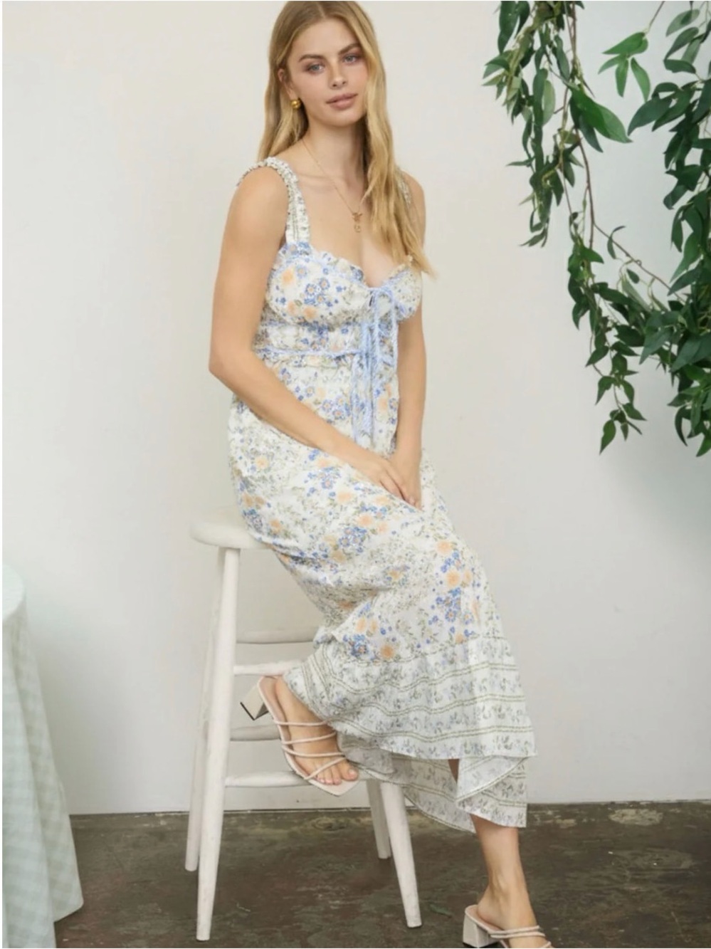 NEW Blu Pepper Blue Multi Floral Front Tie Midi Dress Medium Cottagecore